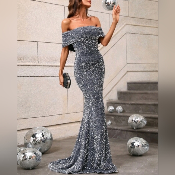 Luxury Silver Gray Off Shoulder Mermaid Evening Dress LA73018 main image 0